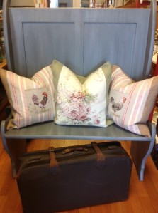 We have several pillows made by my mom, using the Annie Sloan fabric line. 